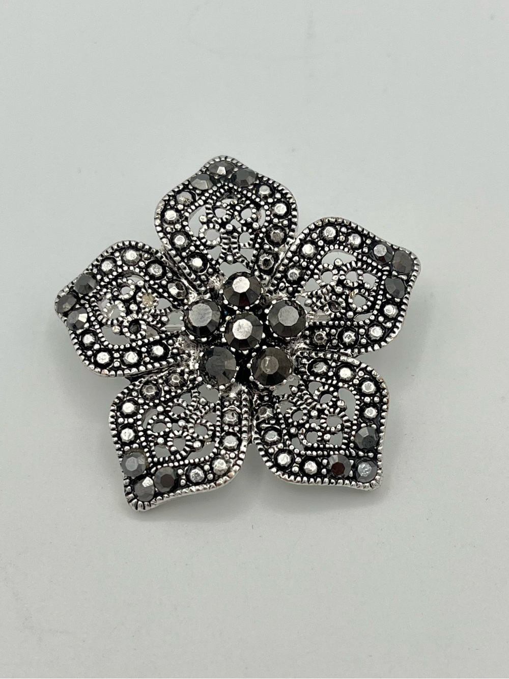 Vintage Silver Tone Marcasite Filigree Flower Brooch Pin